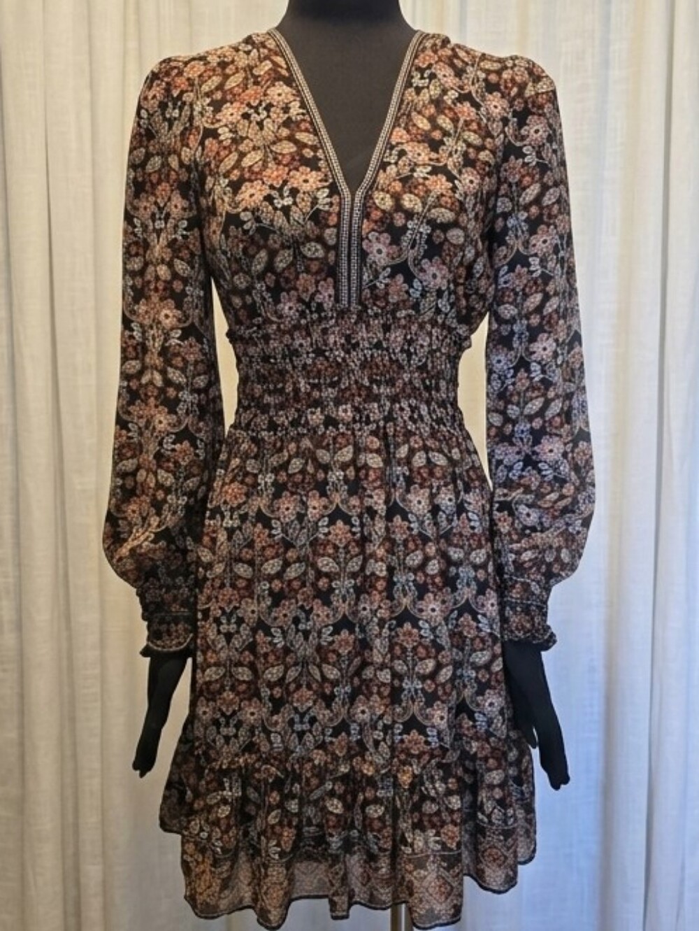Max Studio Black Floral Smocked Waist Long Sleeve Dress